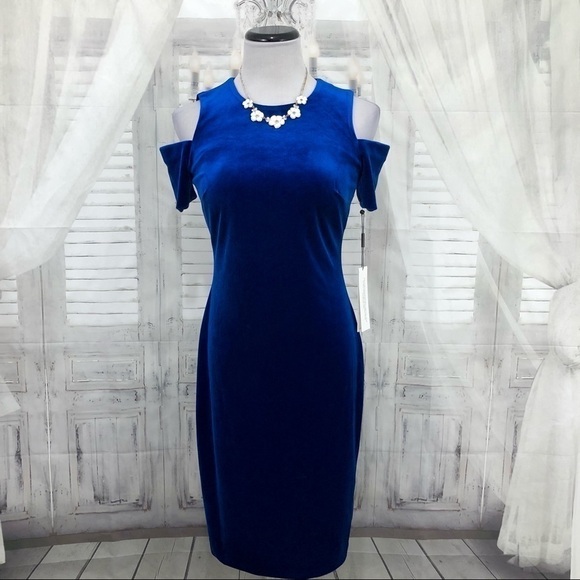 Calvin Klein Size 4 Blue Velvet Short Sleeve Cold-Shoulder Dress Fitted Sheath - Picture 2 of 10